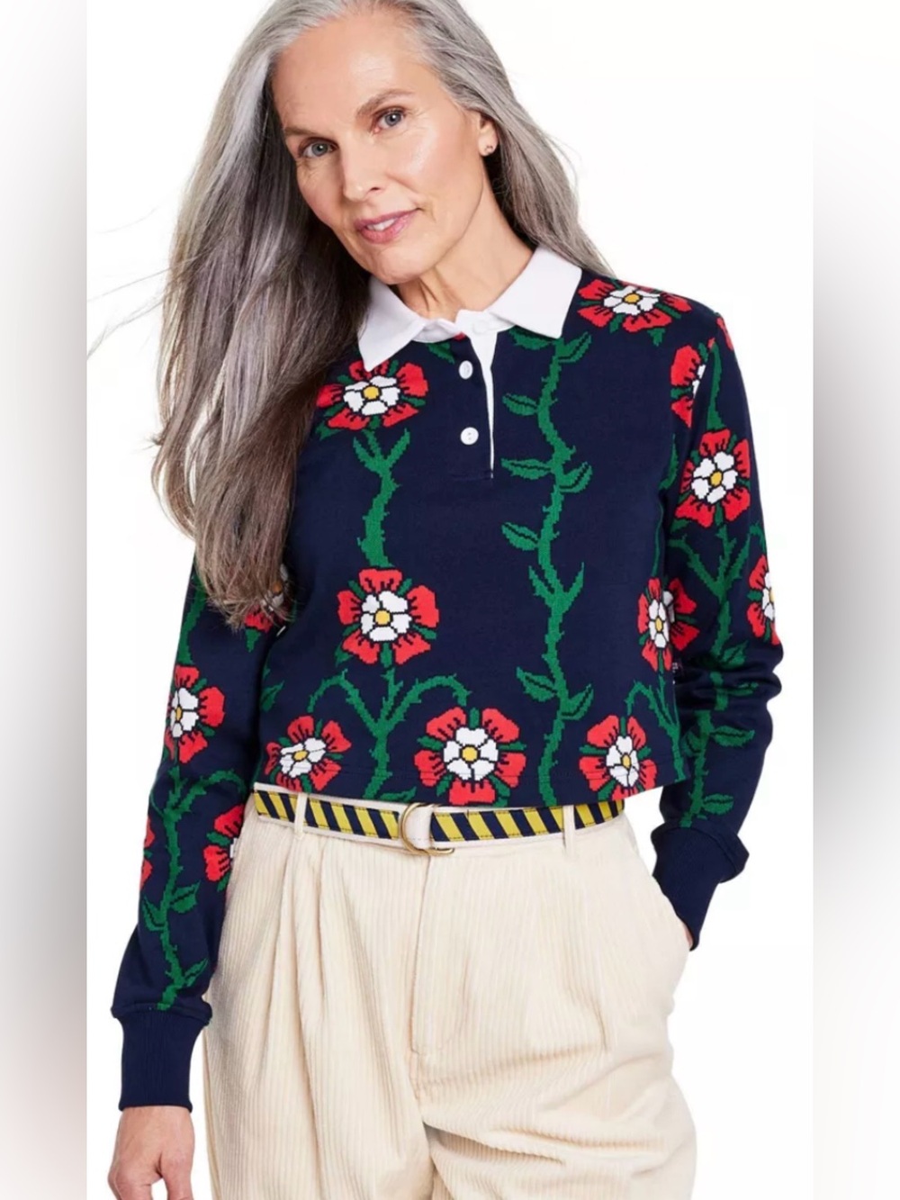 Rowing Blazers Navy Floral Polo Sweater with White Collar